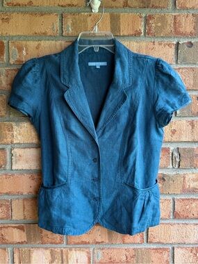 Vintage Y2K Smart Set Blue Linen Short Sleeve Fitted Blazer Blouse Jacket Small